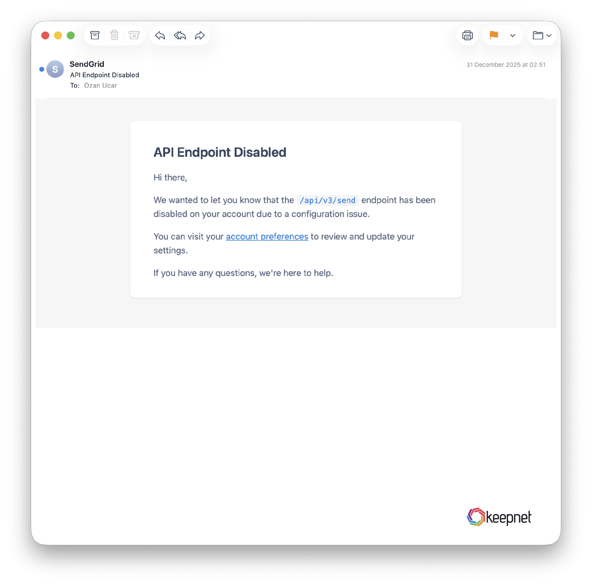 'API Endpoint Disabled' lure from inspiresoftware.com, sent on New Year's Eve. All three checks passed.