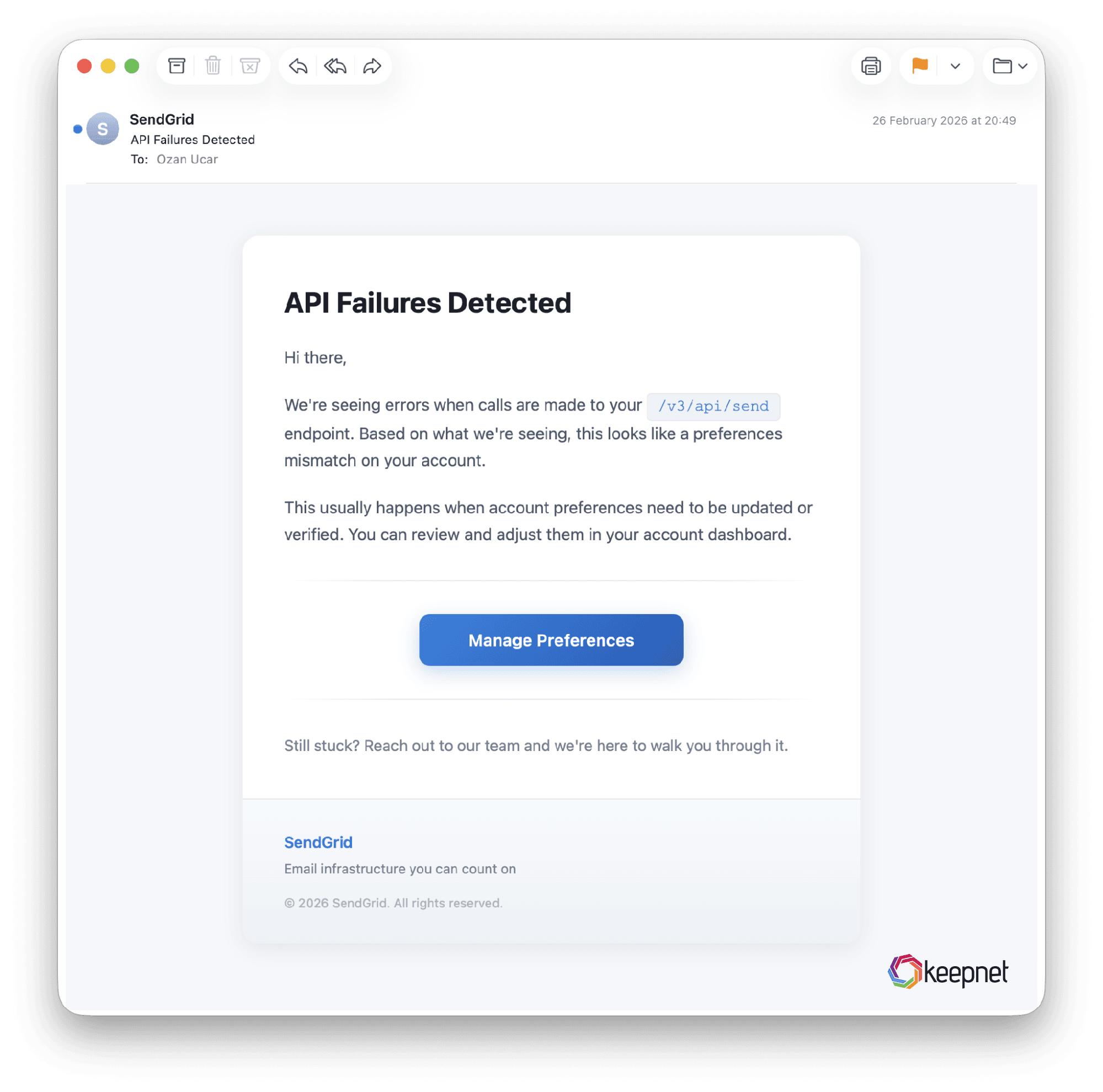 API Failures Detected' from worldticket.net. 'Preferences mismatch' is not a real SendGrid state.