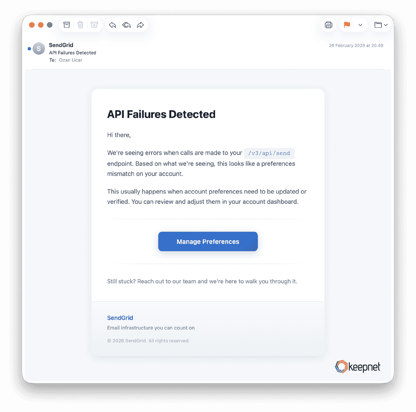 API Failures Detected' from worldticket.net. 'Preferences mismatch' is not a real SendGrid state.