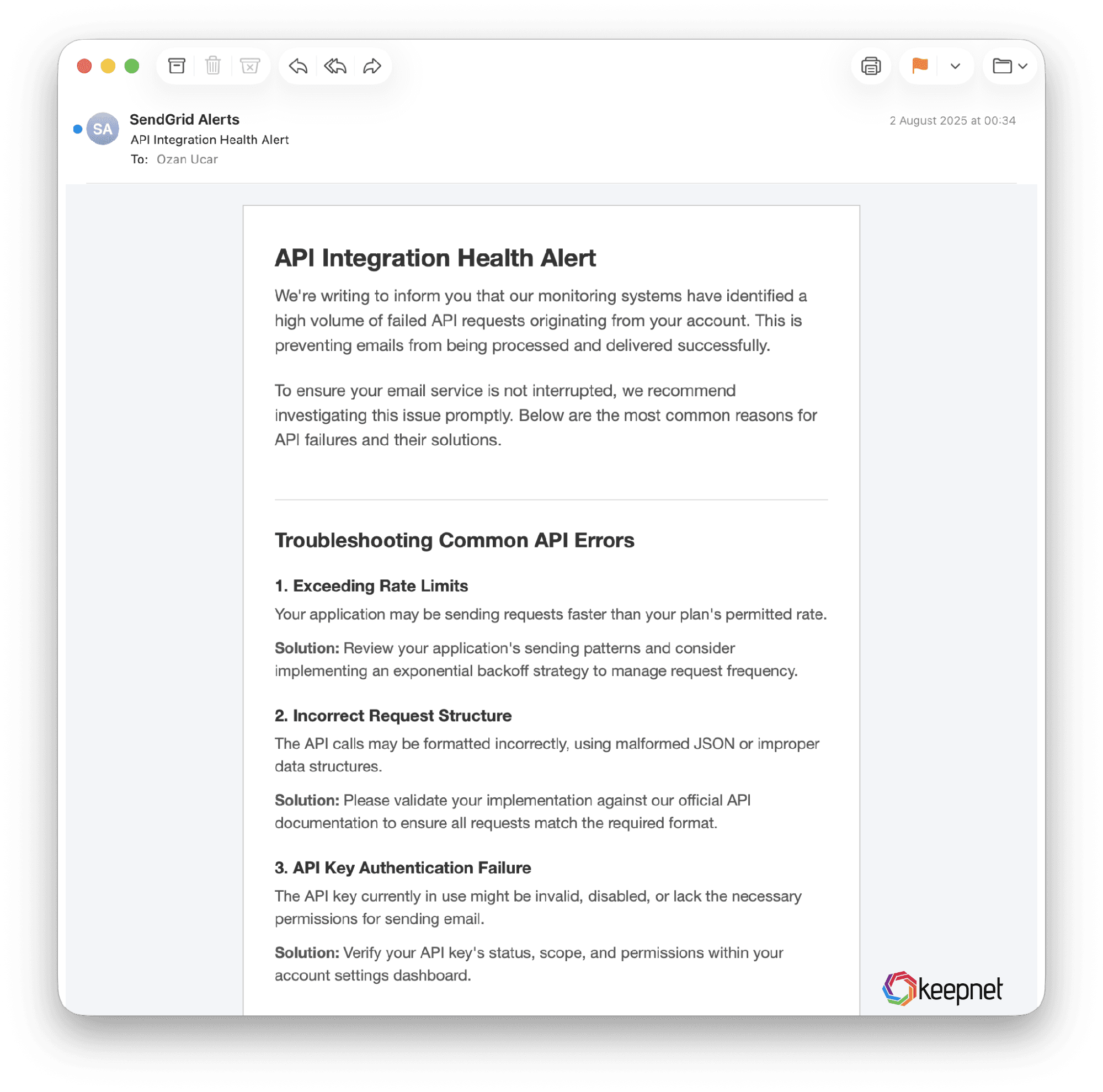 'API Integration Health Alert' from omniballot.us, August 2025. The calm opening shot of the campaign.