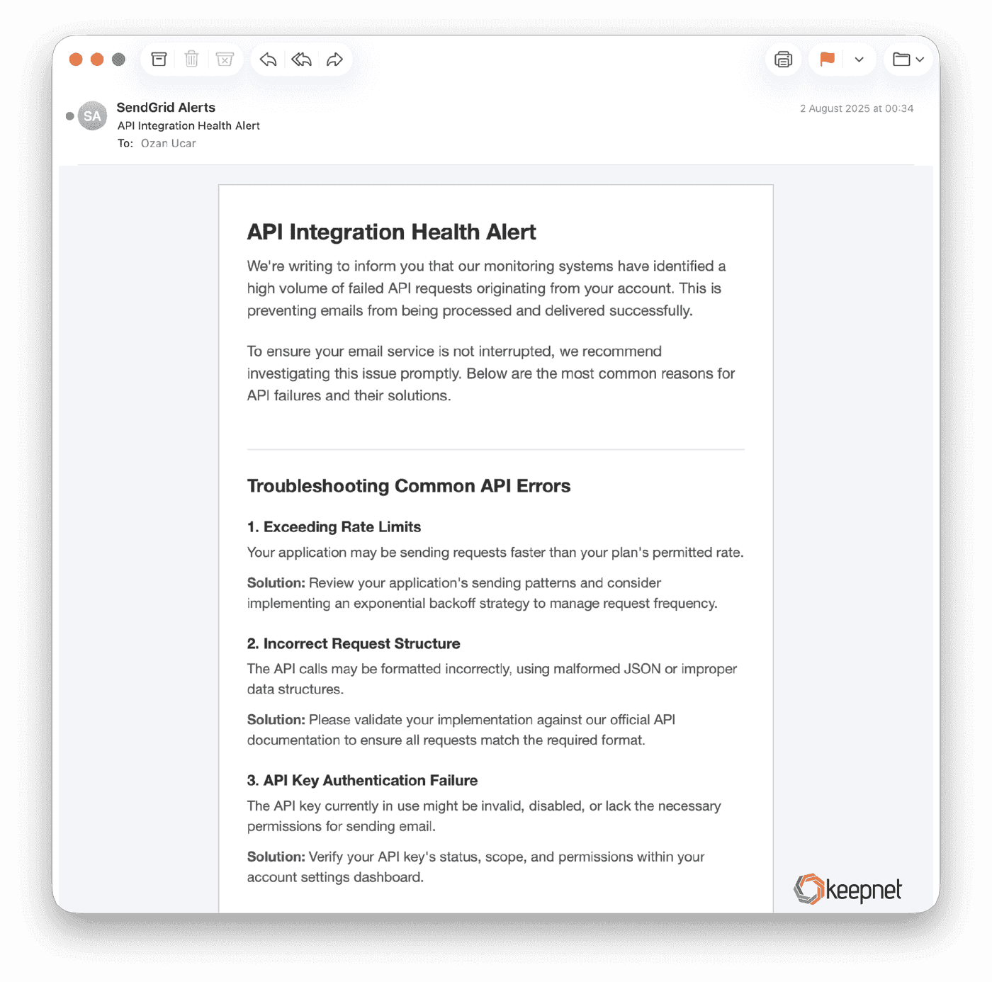 'API Integration Health Alert' from omniballot.us, August 2025. The calm opening shot of the campaign.