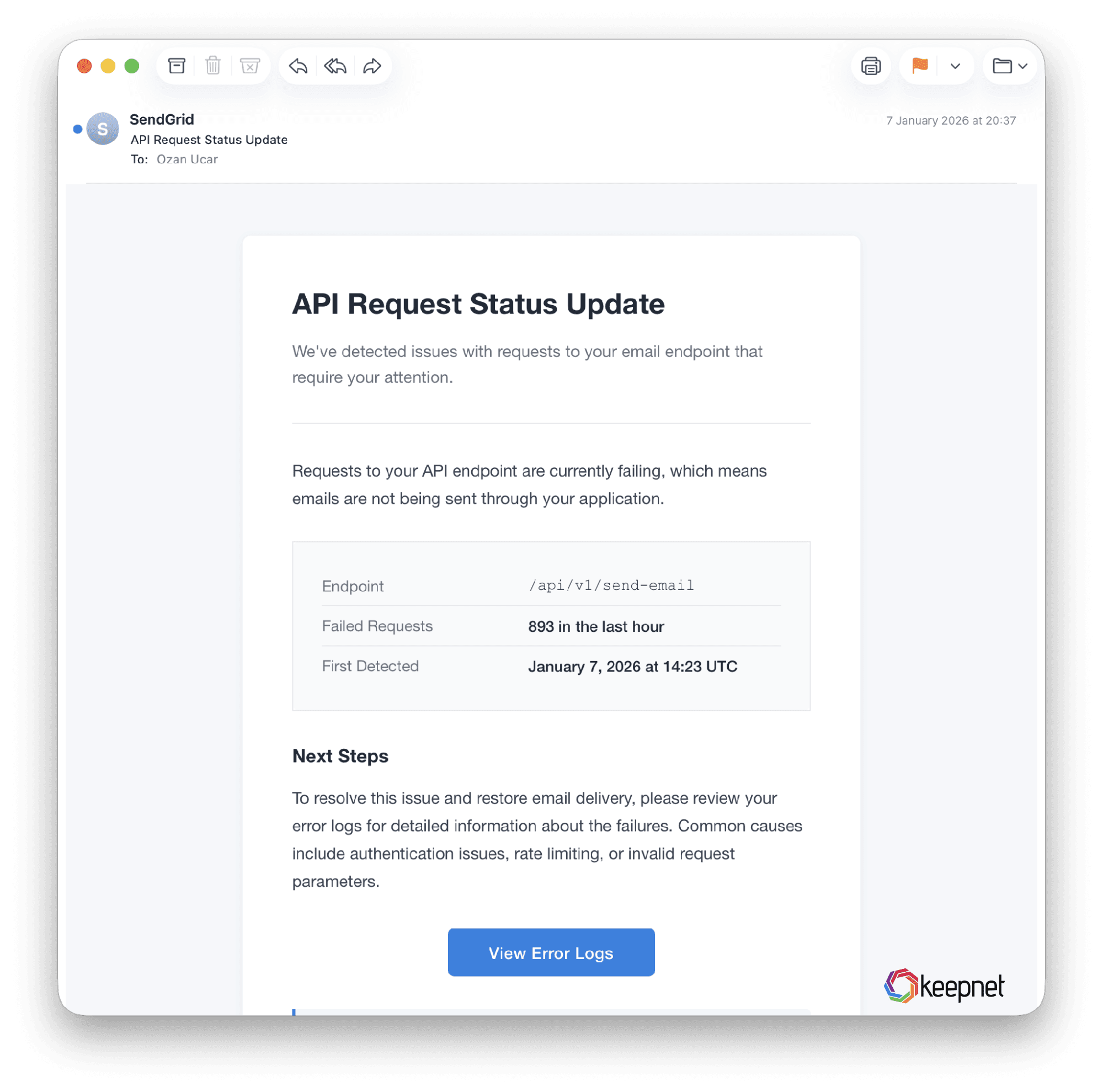 'API Request Status Update' from voltus.co. The hook is lost mail, the one thing a sender fears.