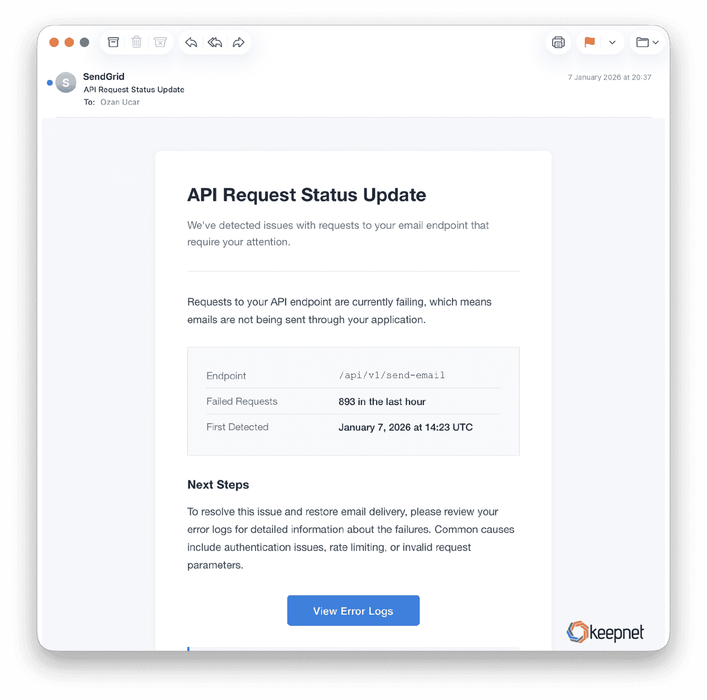 'API Request Status Update' from voltus.co. The hook is lost mail, the one thing a sender fears.