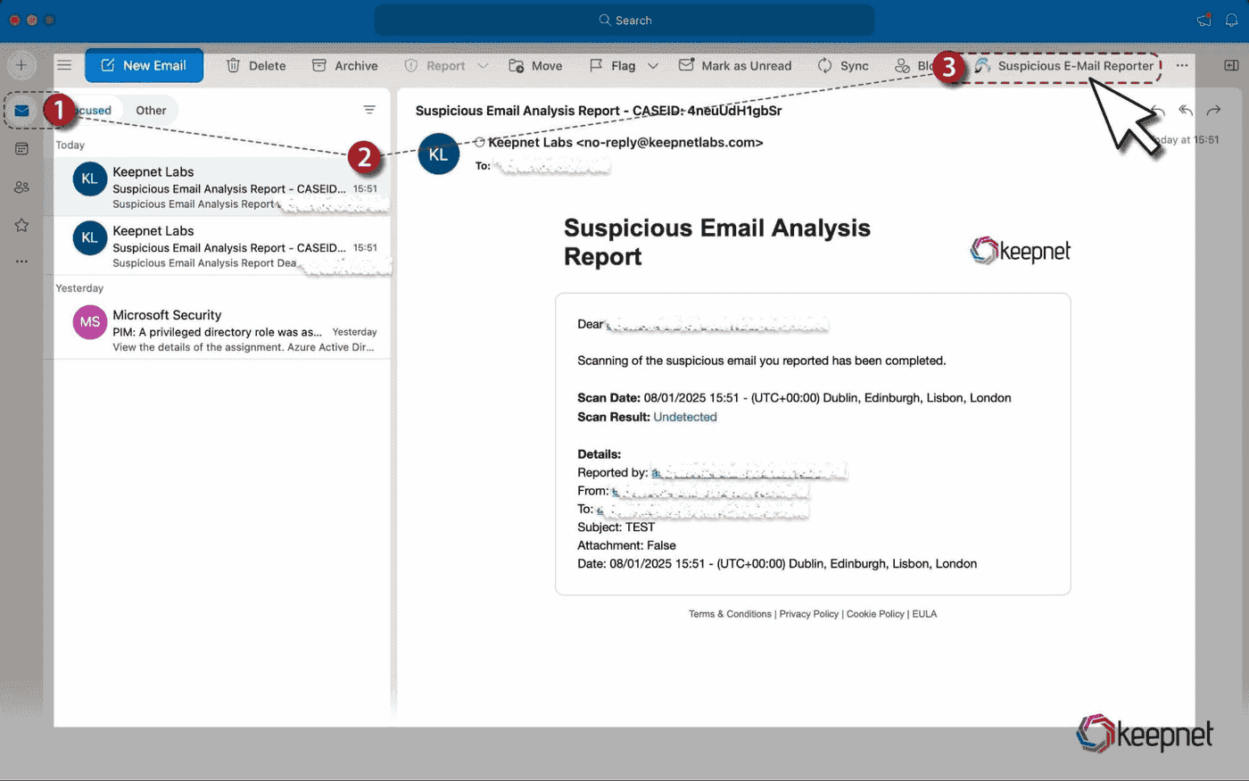 A Sample Screenshot of Keepnet Phishing Reporter Button Installed on Microsoft