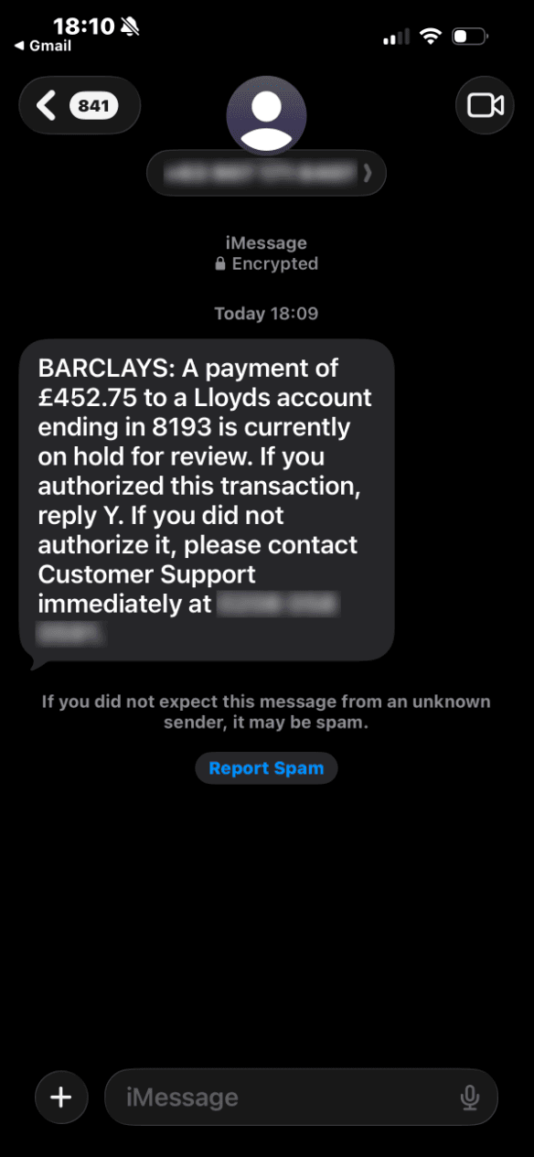 Example of an SMS-Delivered Callback Phishing Message Impersonating Barclays