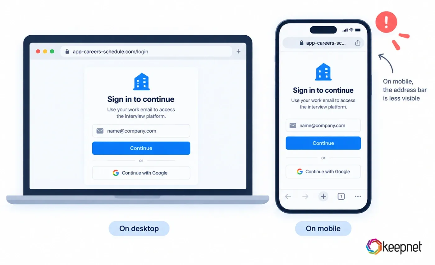 The same fake sign-in page shown in a desktop browser and on a phone, where the address bar is shortened and harder to read.