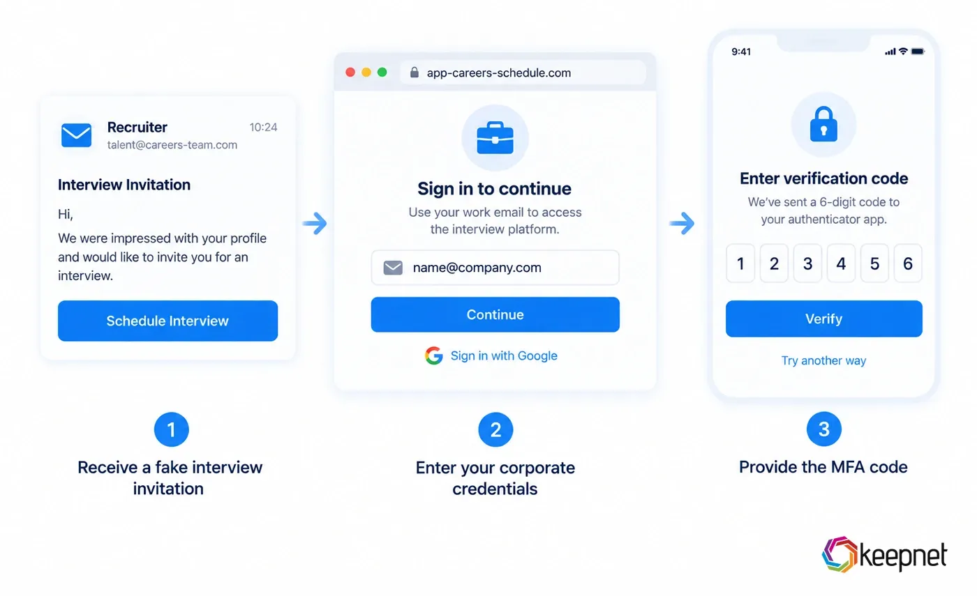 Three steps: a fake interview invitation email, a sign-in page asking for a work email, and a phone screen asking for a six digit verification code.