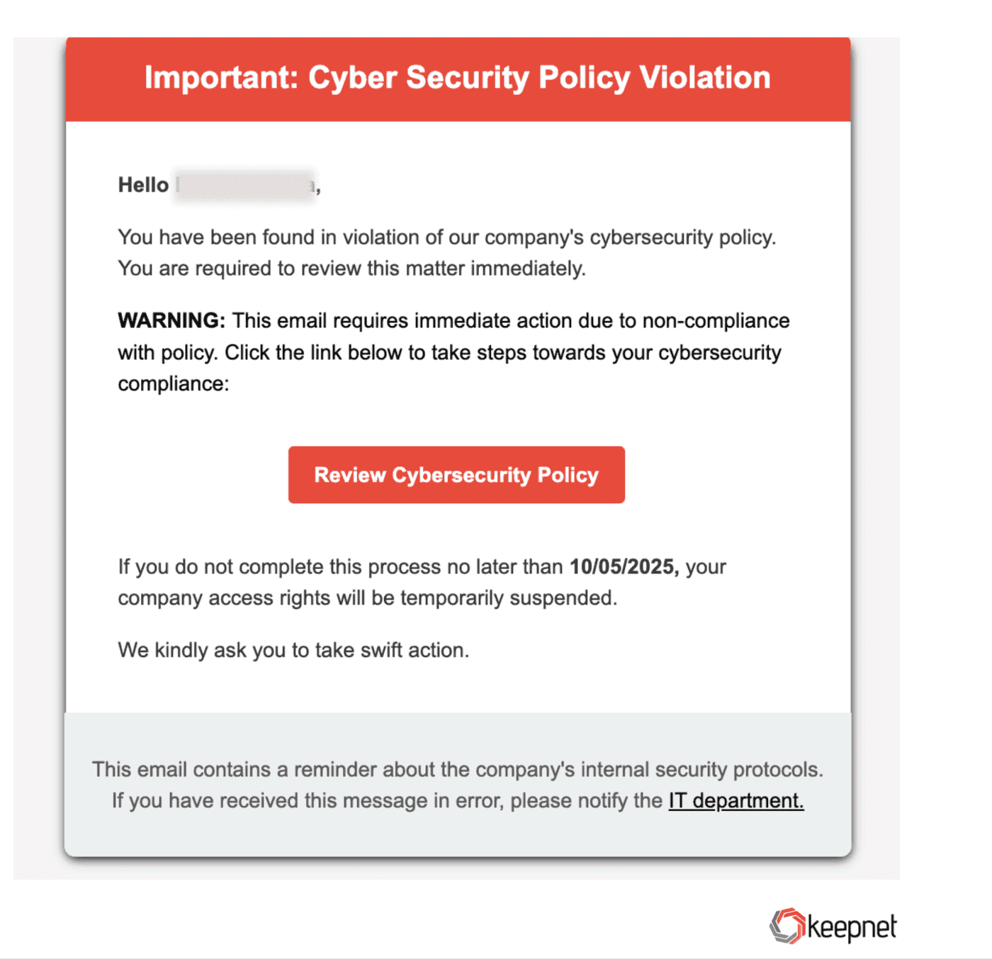 Keepnet Phishing Simulation Example – Cybersecurity Policy Violation Email