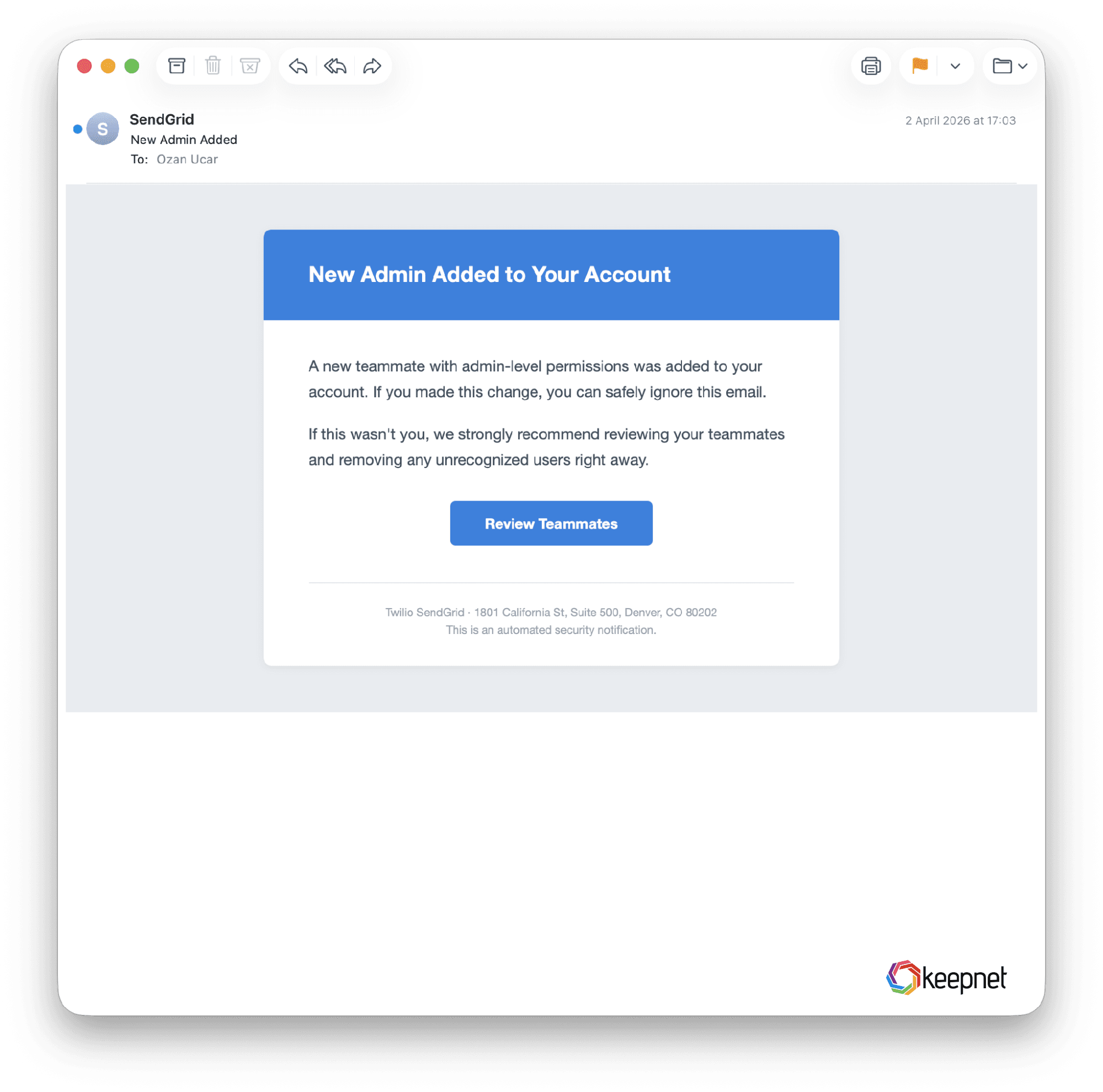 New Admin Added' from carnegietelephone.com. Admin-access framing, and it copies the real Denver footer.