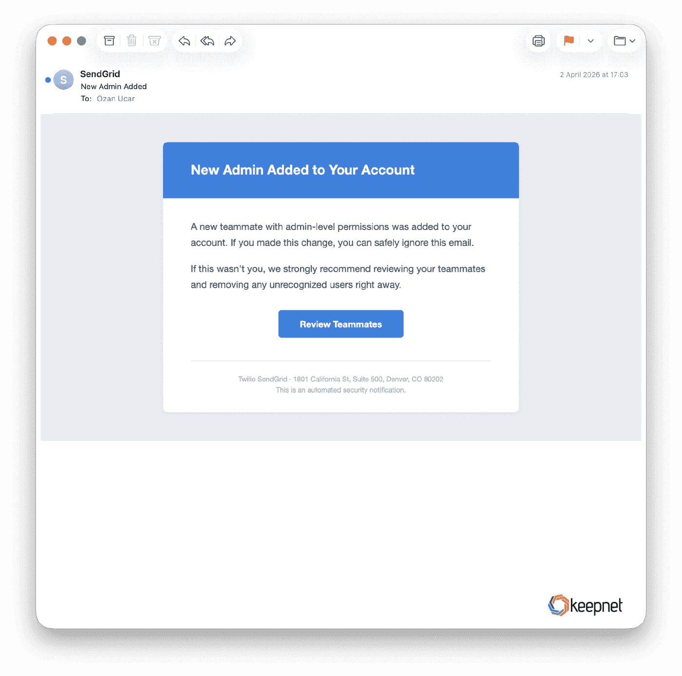 New Admin Added' from carnegietelephone.com. Admin-access framing, and it copies the real Denver footer.