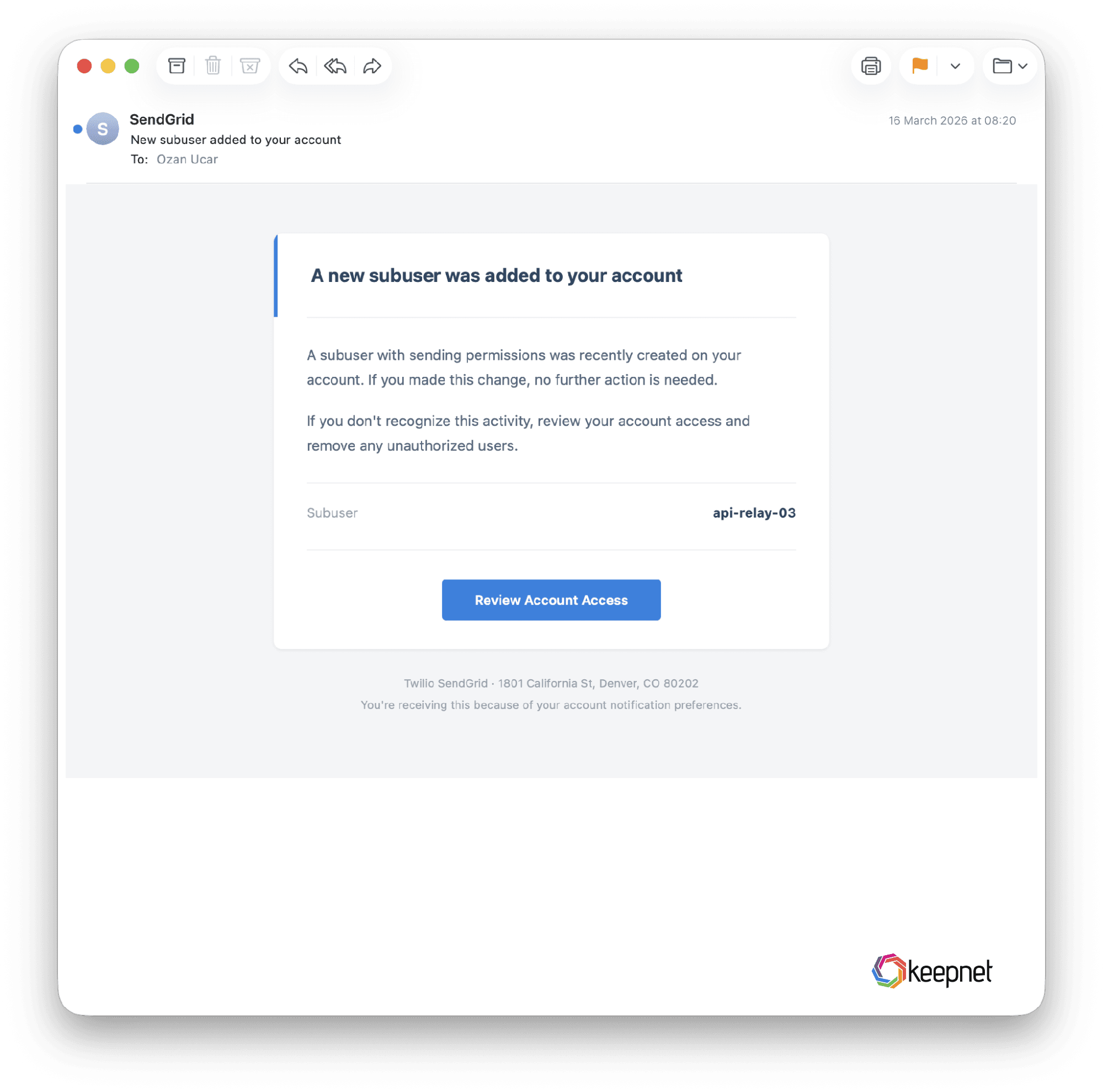 'New subuser added' from garageplug.in. Subusers are the real abuse vector, so the fake alarm feels real.