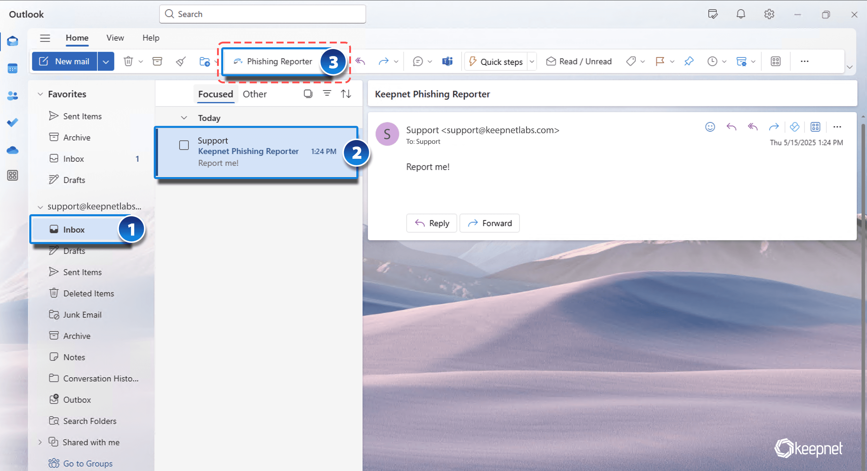 Picture 1: Keepnet’s Phishing Reporter Button in Outlook Ribbon