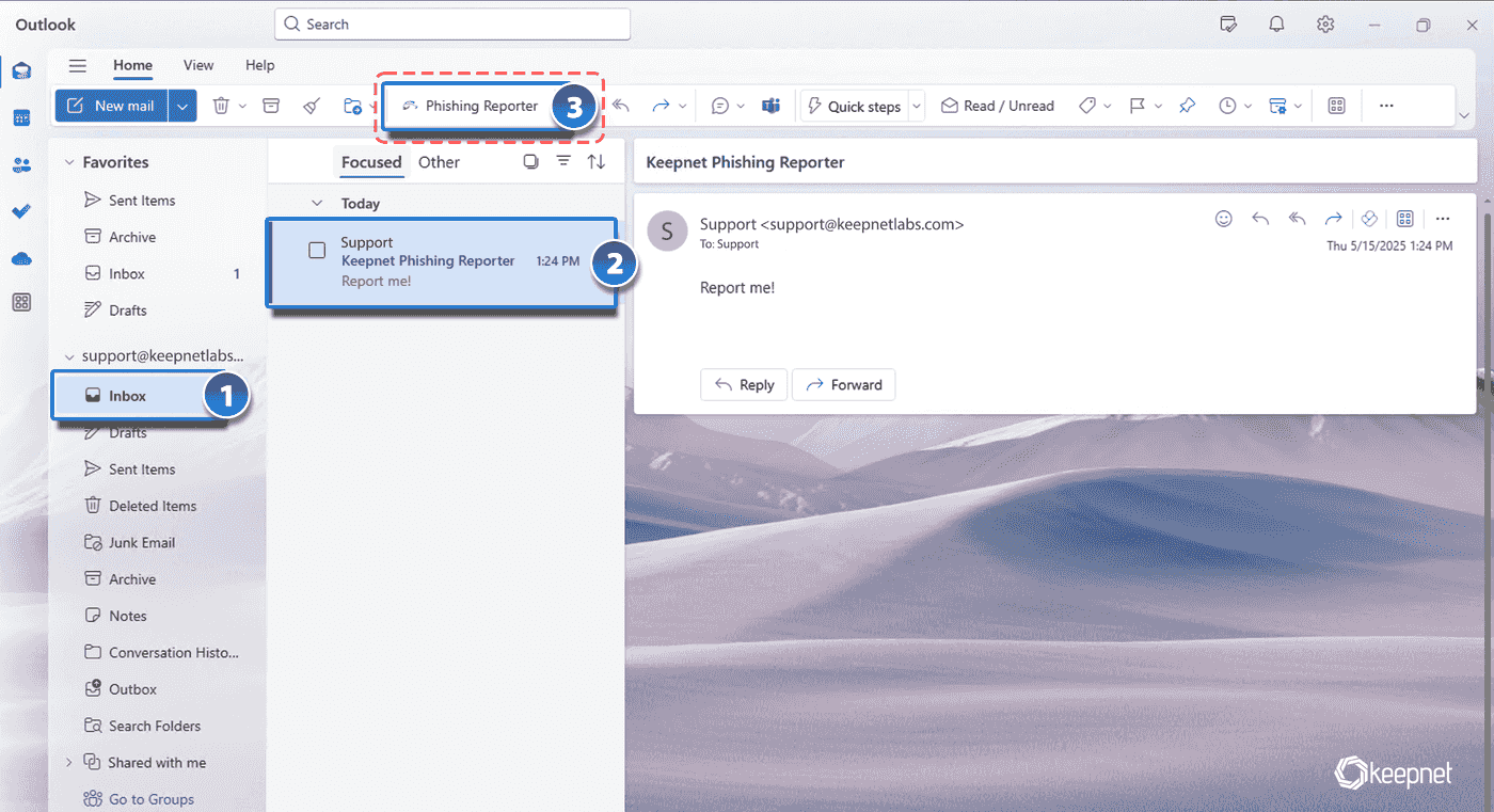 Picture 1: Keepnet’s Phishing Reporter Button in Outlook Ribbon