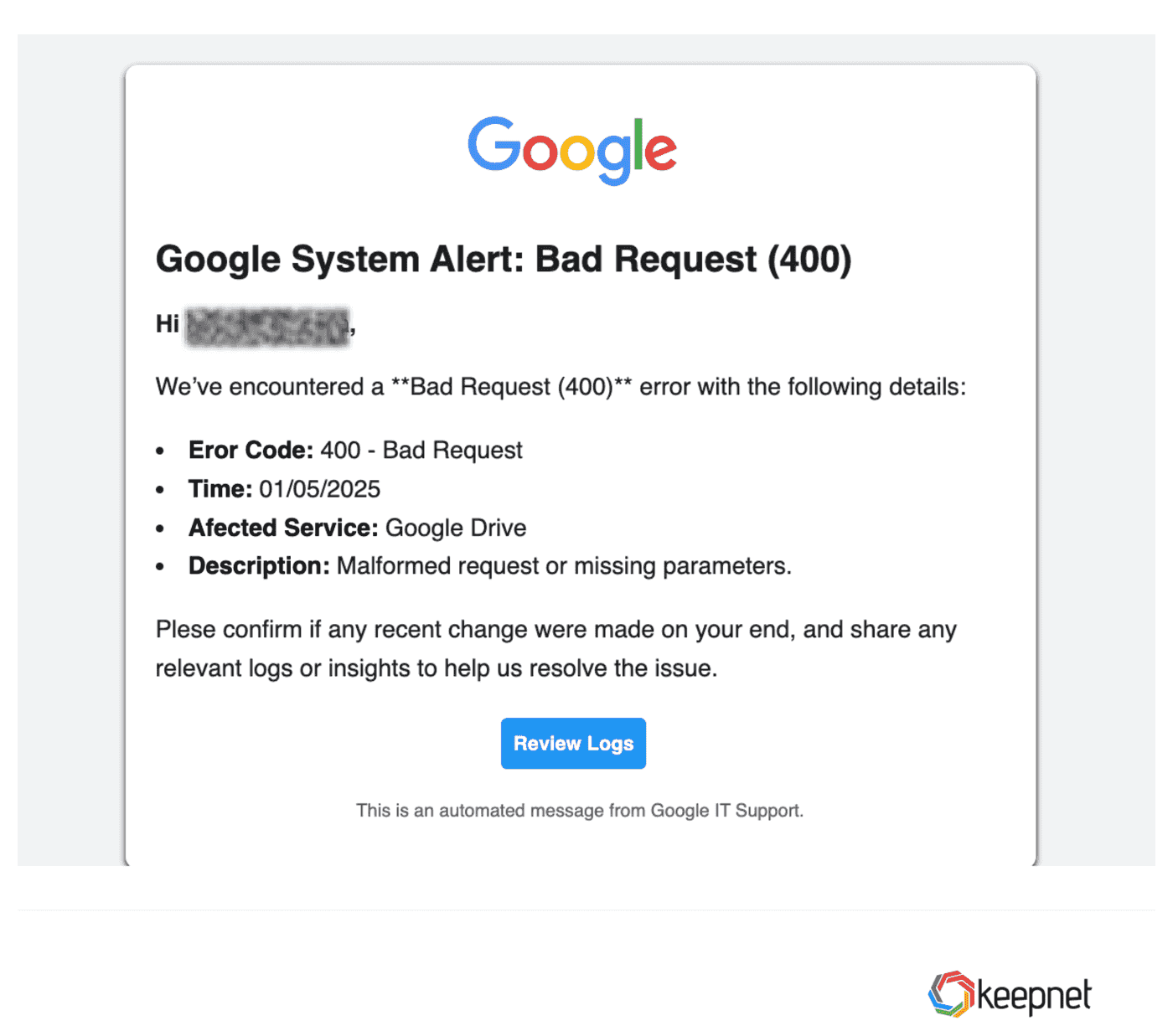 Picture 3: Google Drive Error Alert – IT Phishing Simulation Example