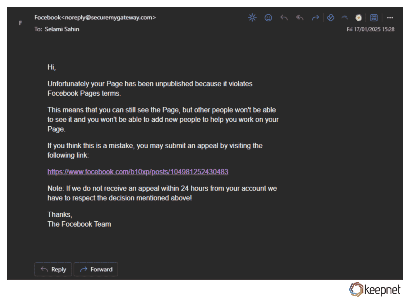 Picture 4: The Trend Micro Email Security Solution may overlook attacks that impersonate colleagues on platforms like LinkedIn to steal credentials.