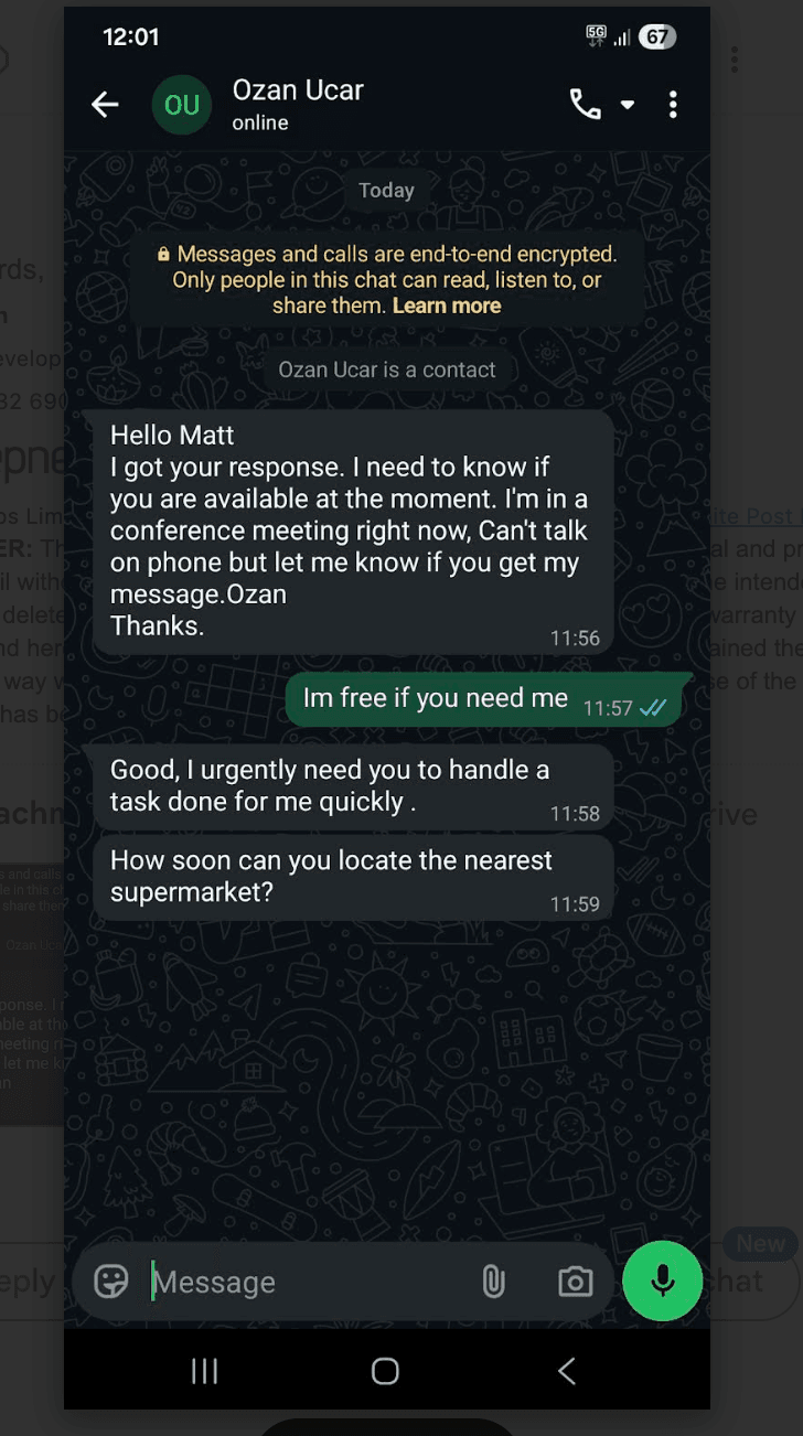 Reconstruction of a WhatsApp CEO-impersonation scam targeting a new