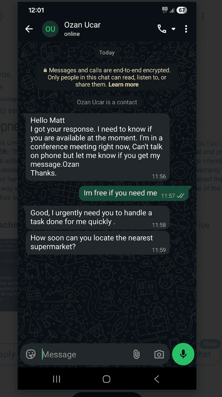 Reconstruction of a WhatsApp CEO-impersonation scam targeting a new