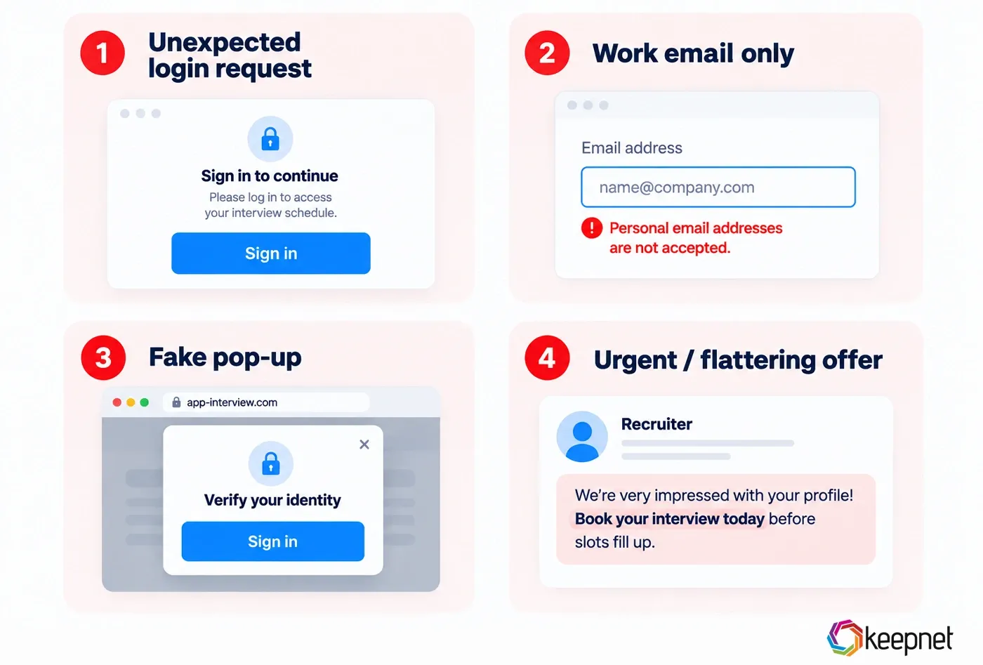 Four warning signs: an unexpected login request, a work email only rule, a fake pop-up window, and an urgent or flattering offer.
