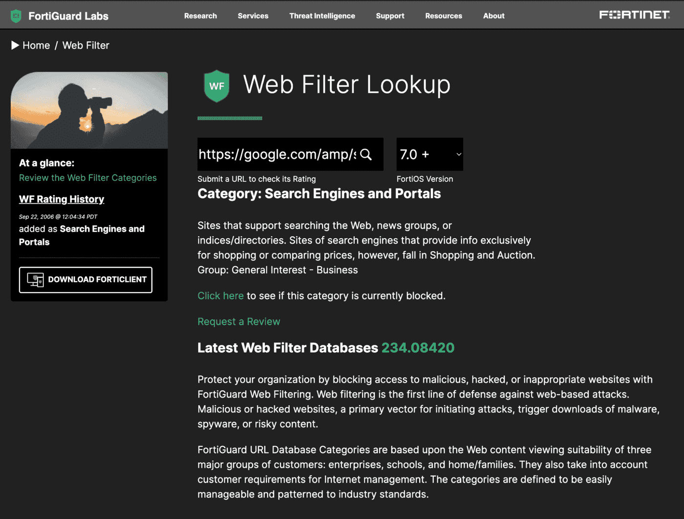 The malicious link on Fortiguard is categorized as Search Engine & Portal because of the top level domain. 