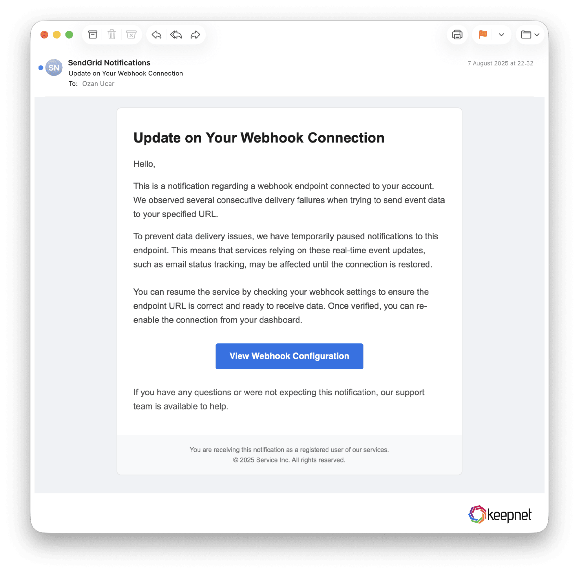 Update on Your Webhook Connection' from journeysconnect.com. A narrow, technical lure aimed at one developer.