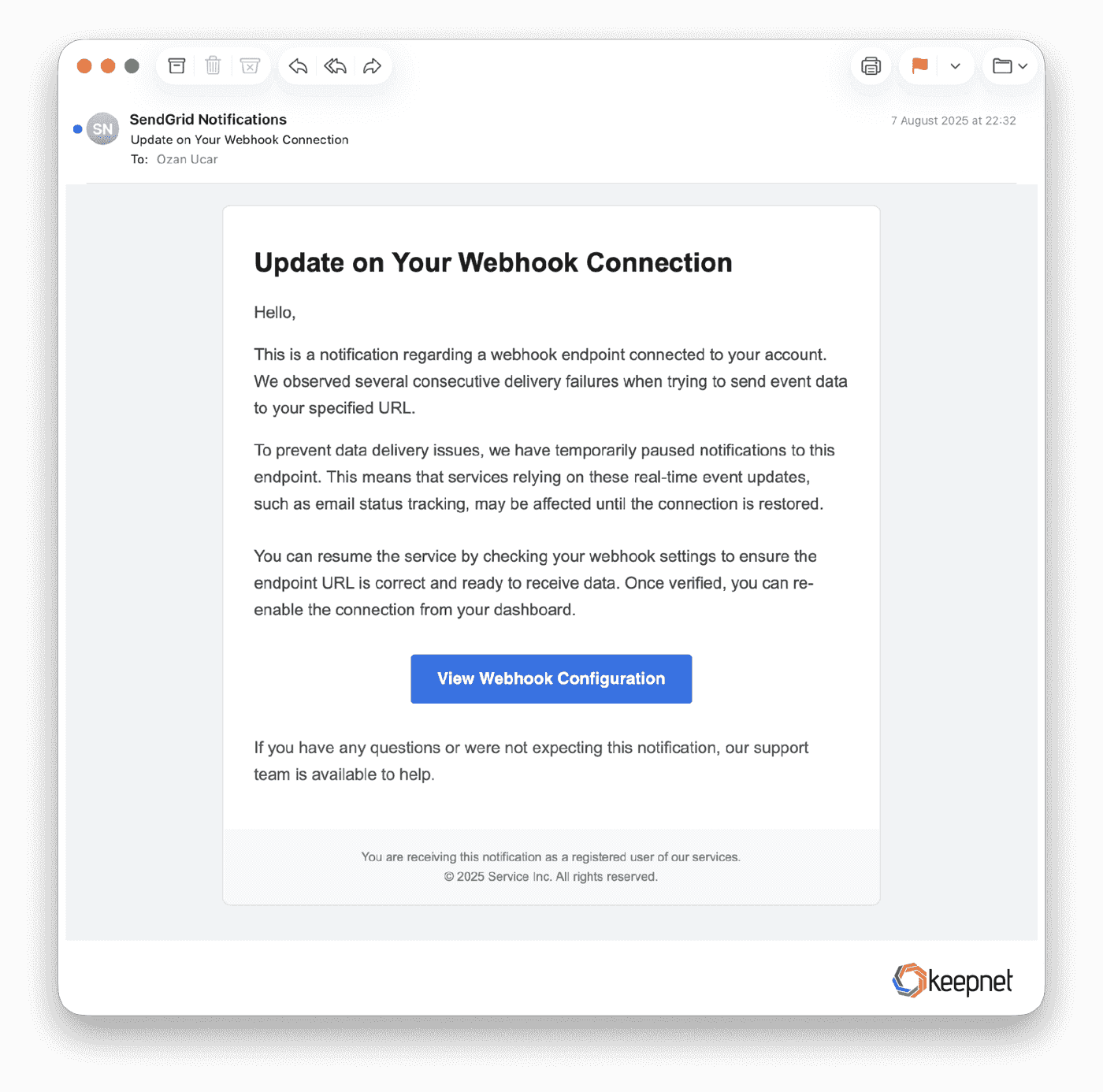 Update on Your Webhook Connection' from journeysconnect.com. A narrow, technical lure aimed at one developer.