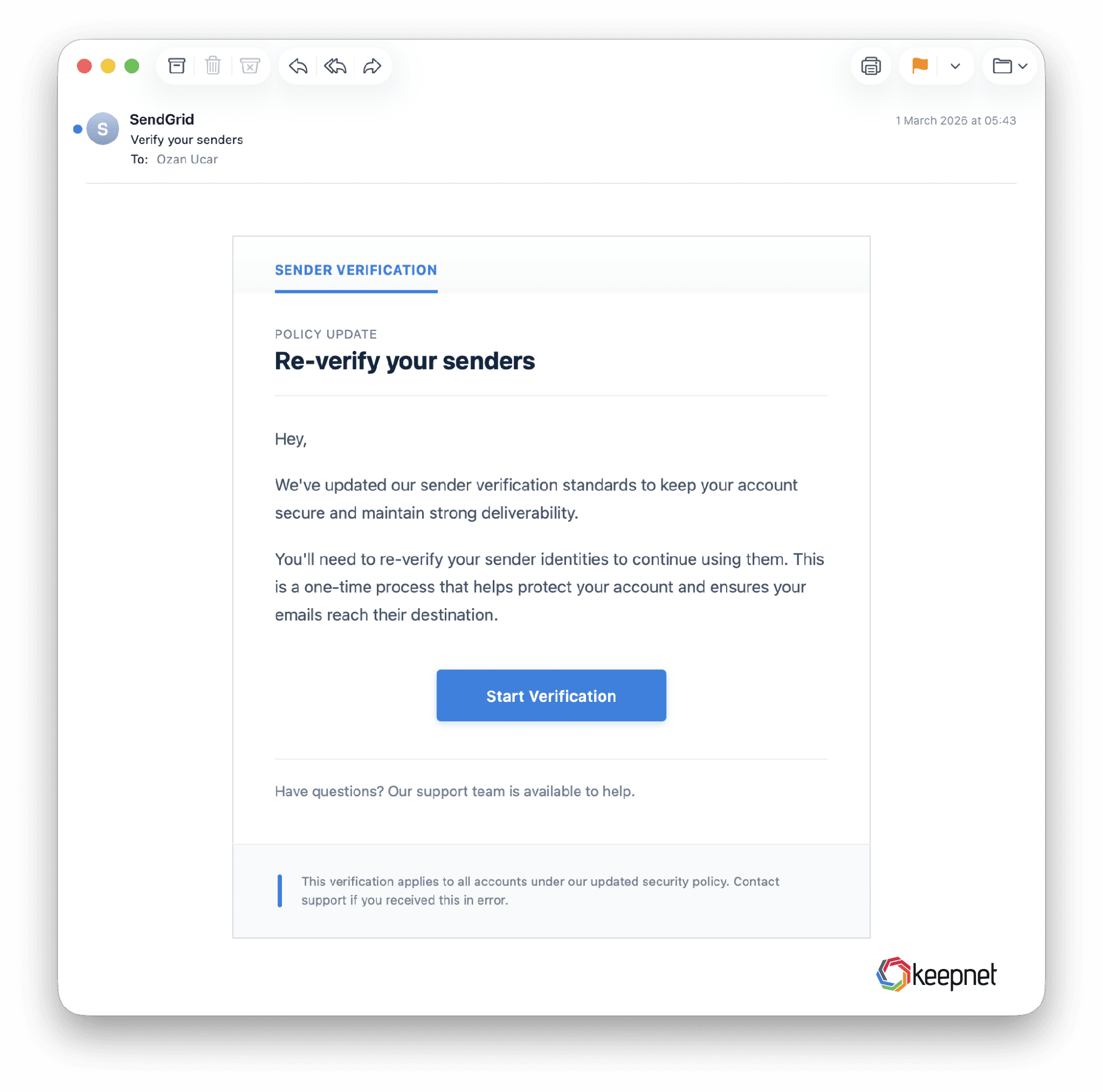 'Verify your senders' from own-kind.com. Re-verification on a fake page hands over sender control.