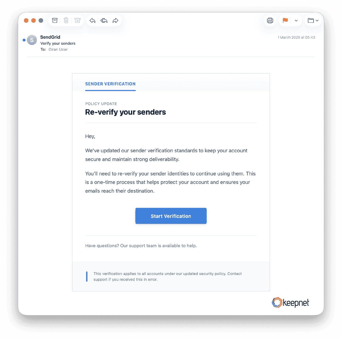 'Verify your senders' from own-kind.com. Re-verification on a fake page hands over sender control.