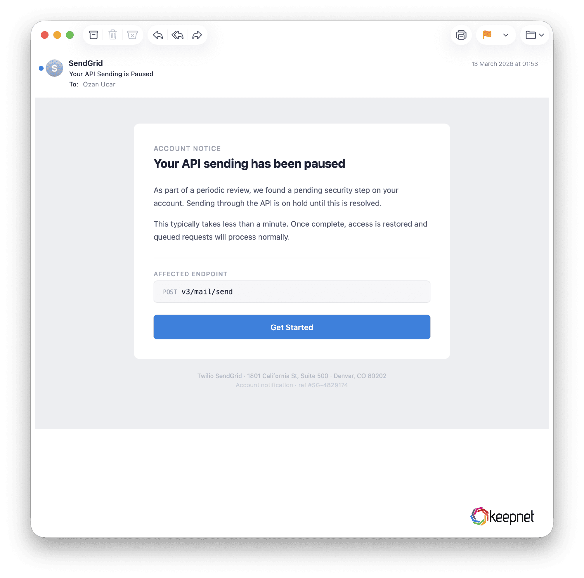 'Your API Sending is Paused' from tagshelf.com. 'Takes less than a minute' lowers your guard.
