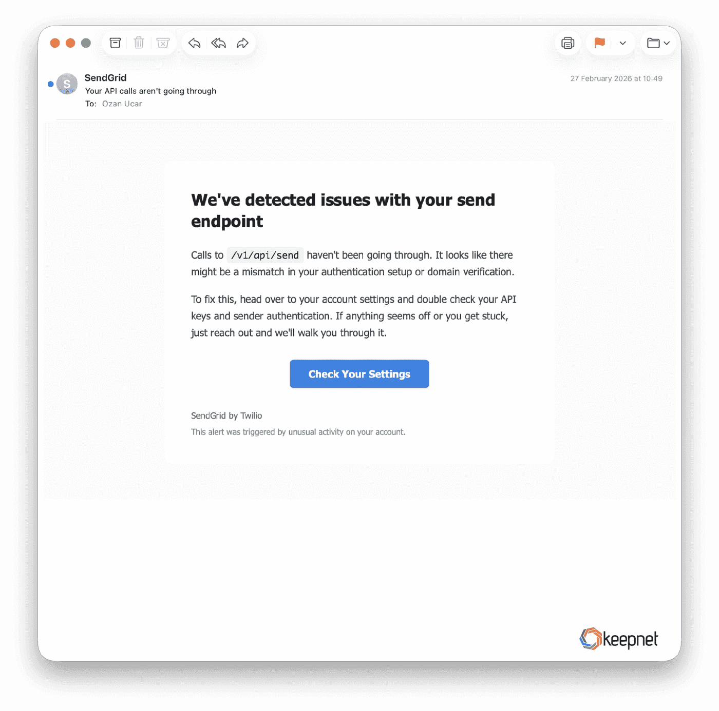 Your API calls aren't going through' from onuma.com. It steers you toward typing your secrets.