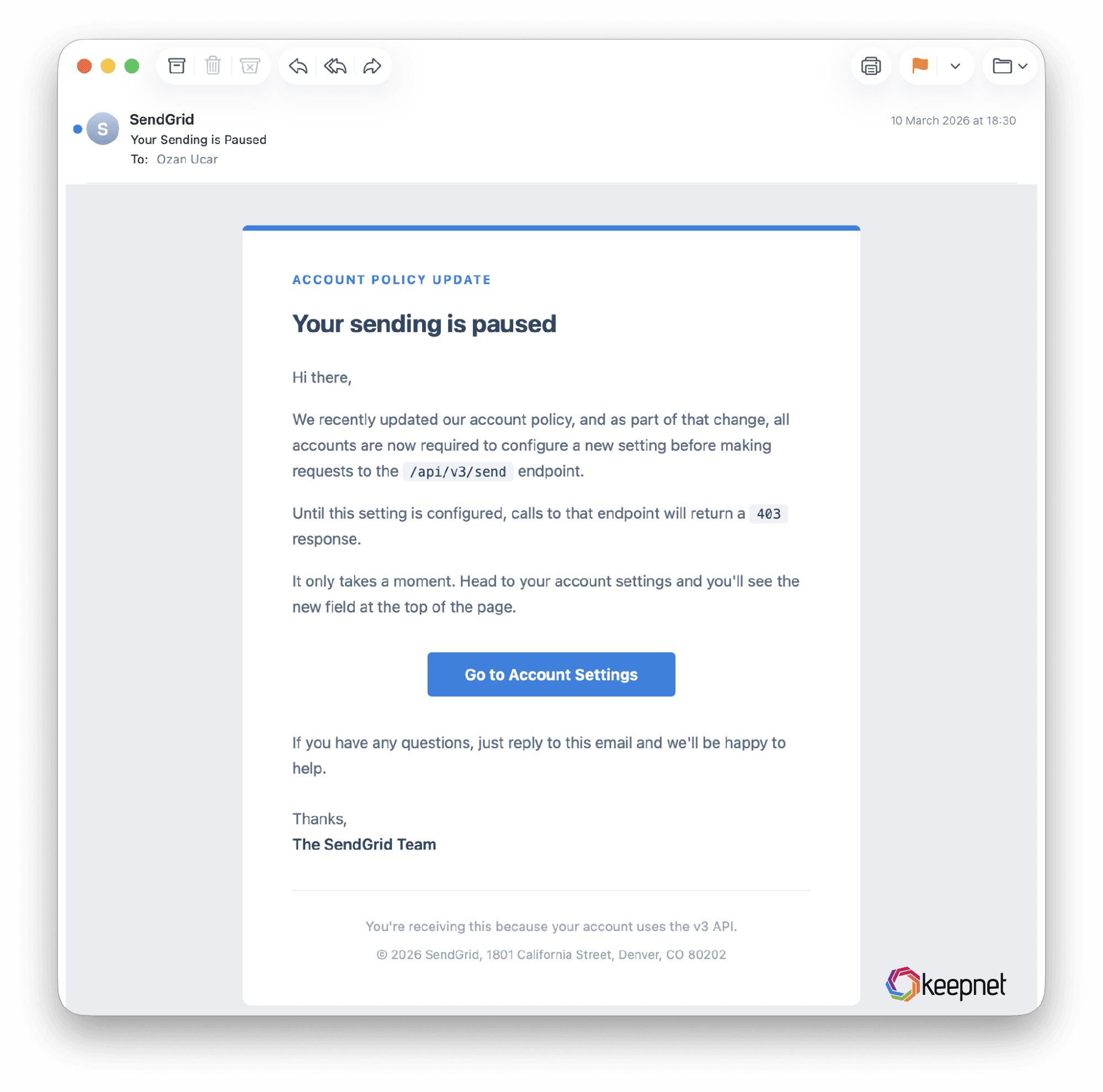'Your Sending is Paused' from poshenergygrid.com, the same message dissected in the header diagram.