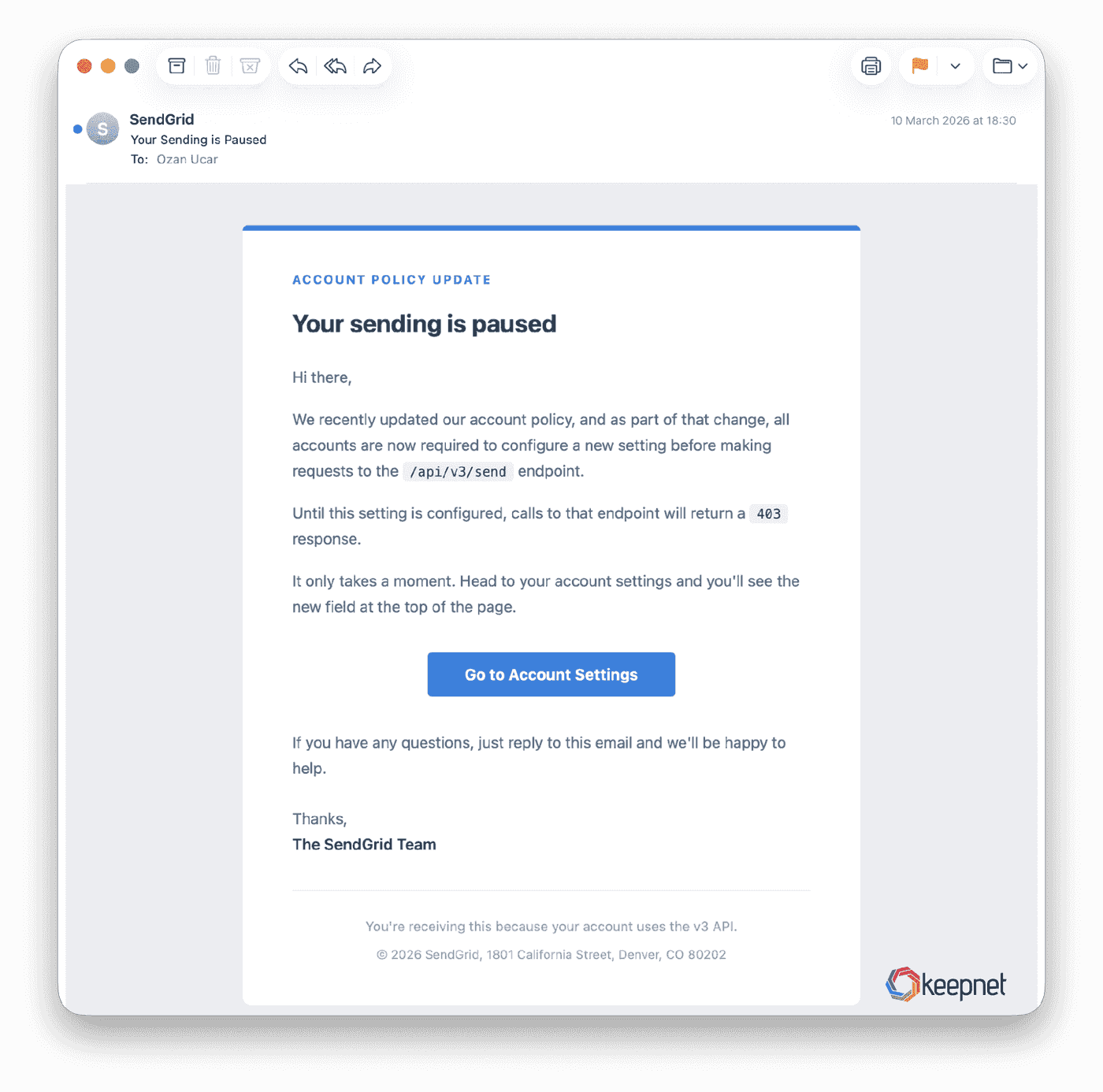'Your Sending is Paused' from poshenergygrid.com, the same message dissected in the header diagram.