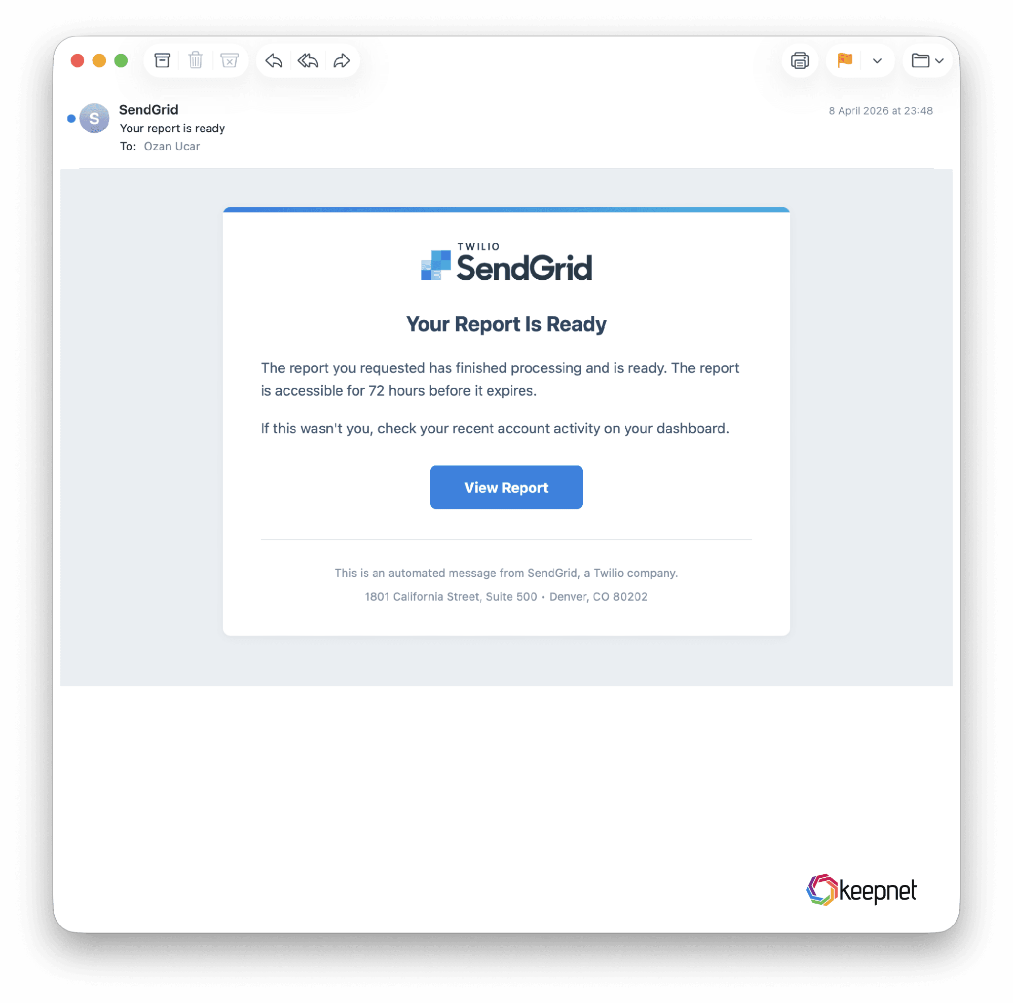'Your report is ready' from zentrix.com.mx. Its link goes off-platform to the lookalike view-exportsendgrid.com.