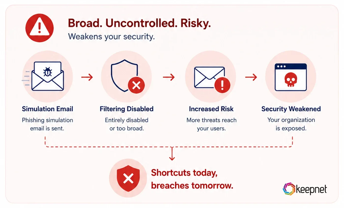 Risky allowlisting flow: simulation email, filtering disabled or scoped too broadly, more threats reaching users, and the organisation left exposed.