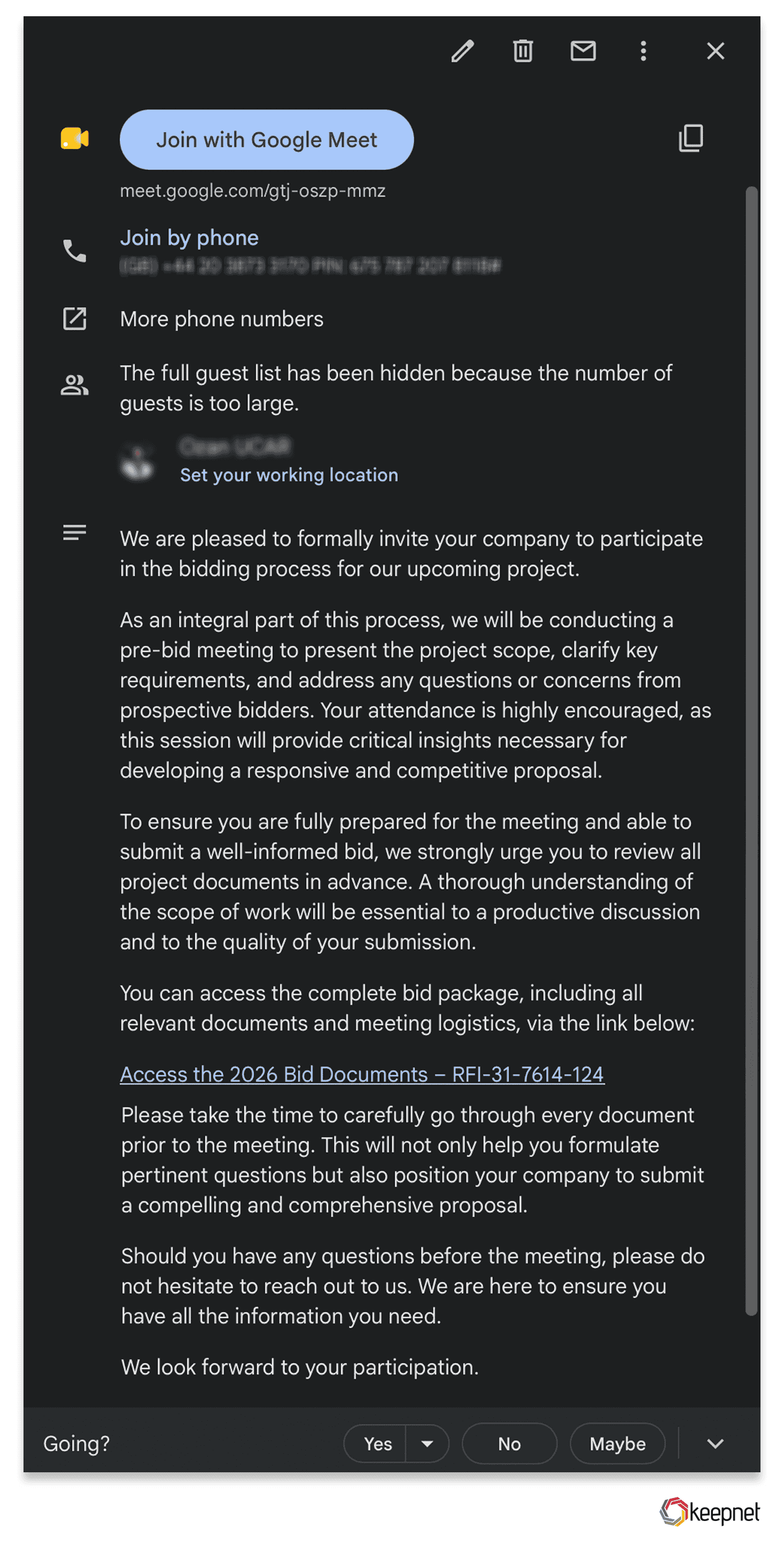Google Calendar invite used in a real phishing attack, written as a formal bid invitation with an RFI number and a link to fake bid documents.