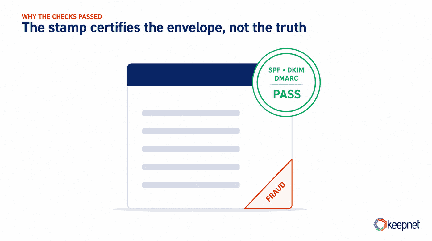 Illustration: email authentication passes but the invoice contents are fraudulent