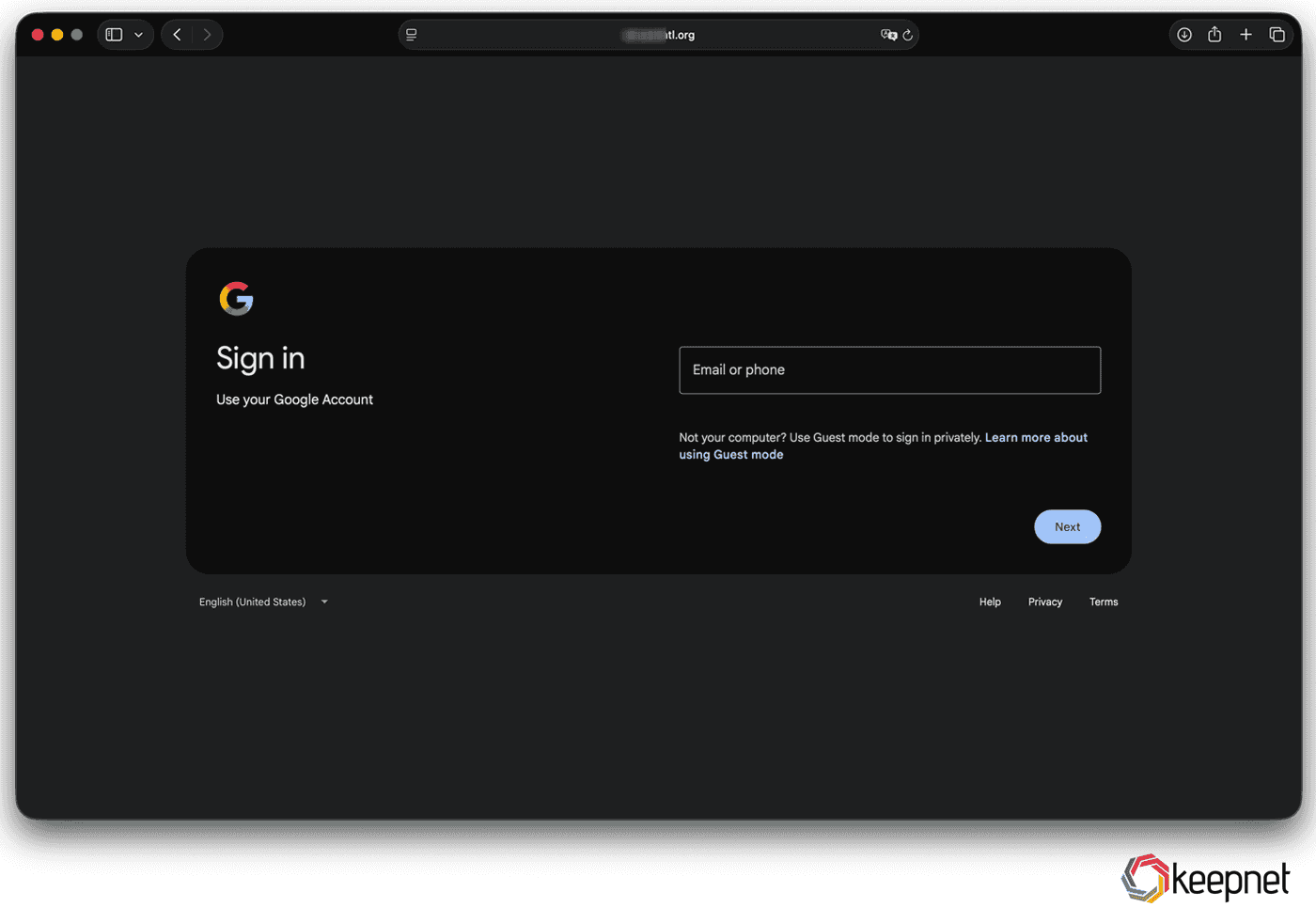 Fake Google sign in page opened by the phishing link, hosted on an unrelated third party domain shown in the browser address bar.