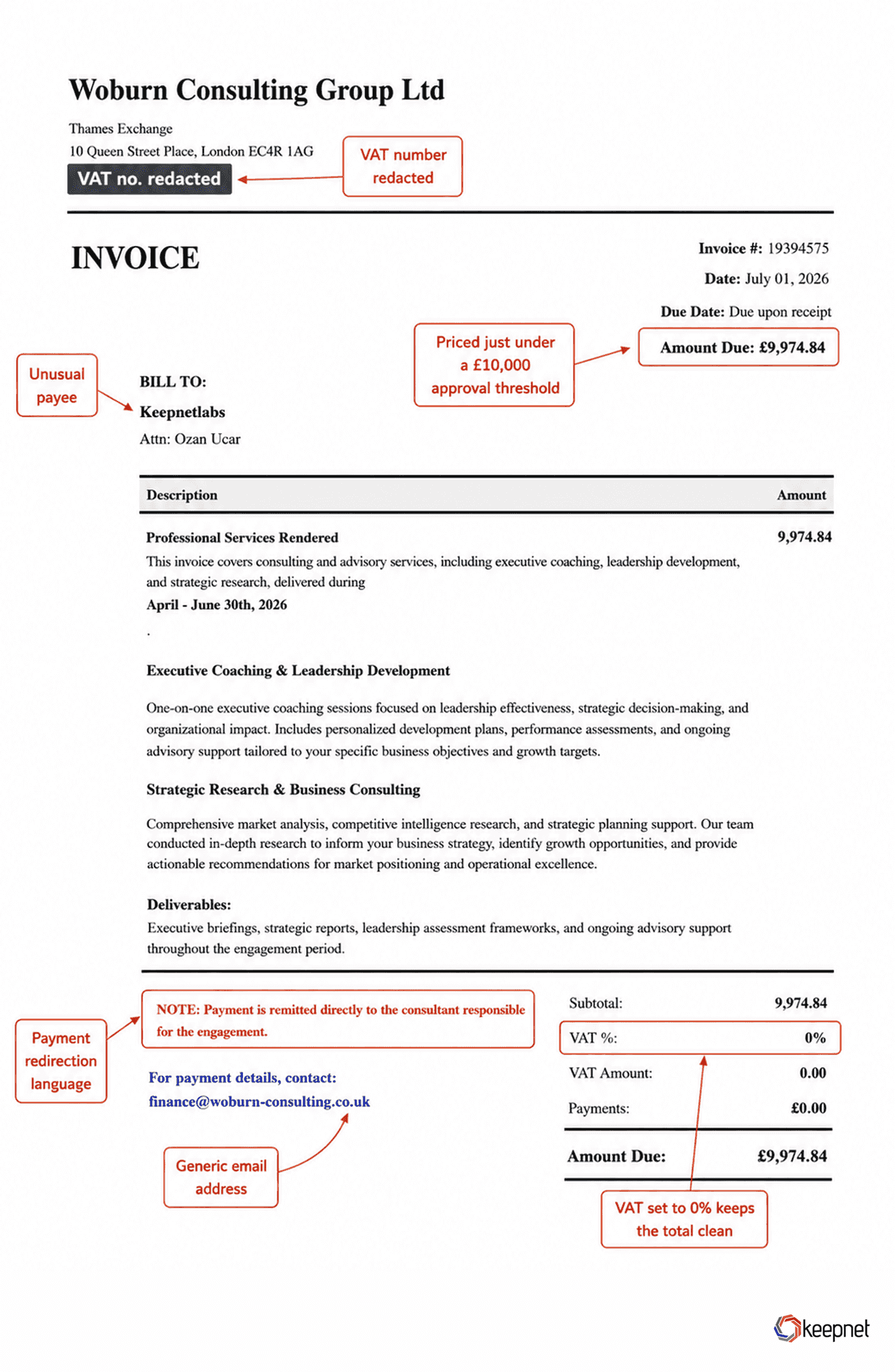 Fake invoice for 9,974.84 pounds with VAT at 0 percent and a remit-direct payment note