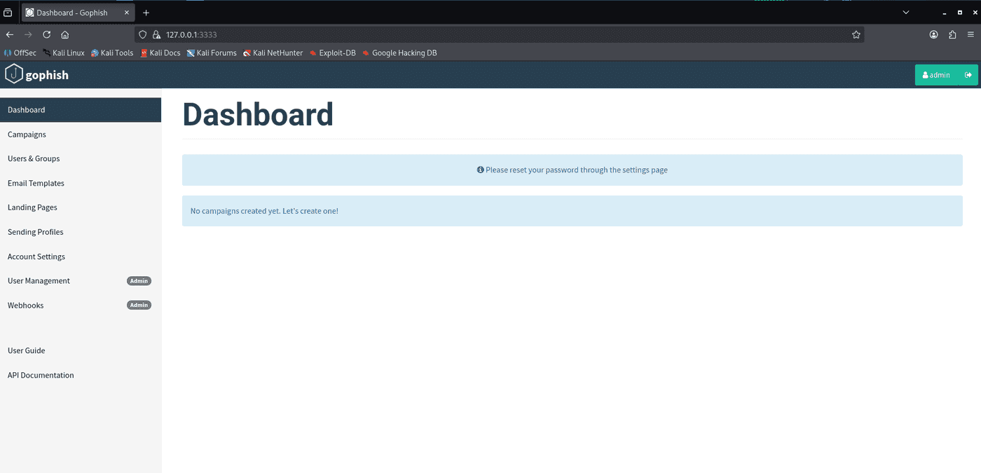 The GoPhish dashboard showing campaign statistics and the left menu with Campaigns, Users and Groups, Email Templates, Landing Pages and Sending Profiles