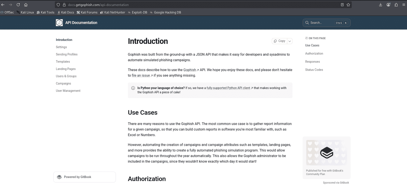 The GoPhish API documentation page listing the available campaign endpoints