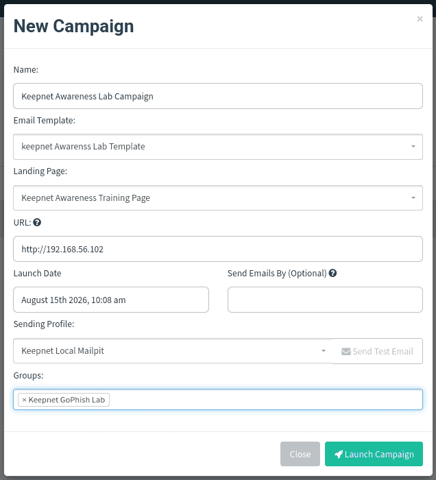 The New Campaign dialog with the email template, landing page, campaign URL, sending profile and target group selected