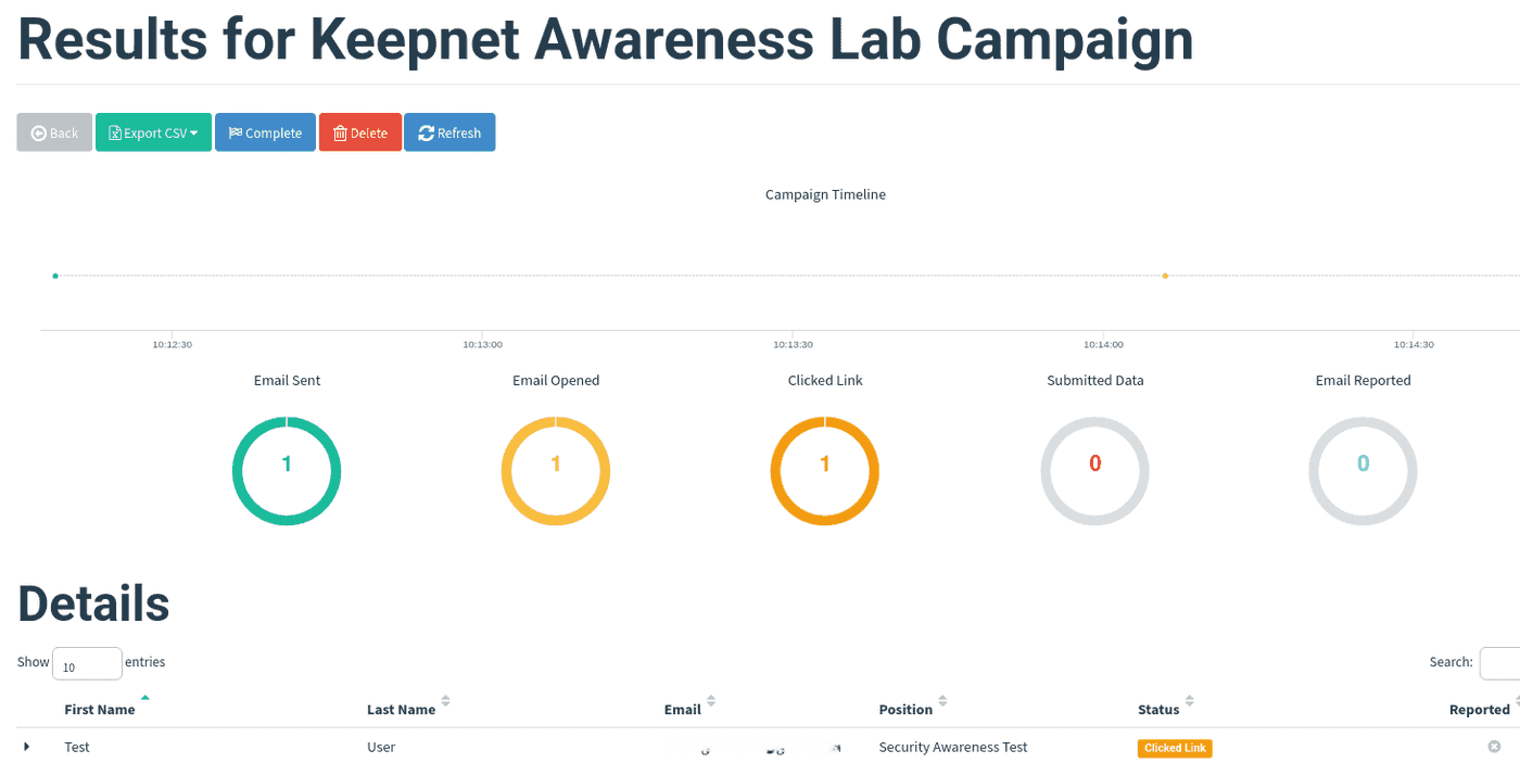 The GoPhish campaign results view showing an Email Opened event recorded for a recipient