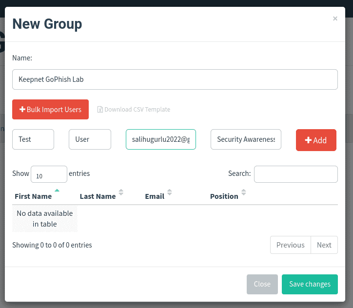The New Group dialog in GoPhish with a group name and a test recipient including first name, last name, email and position