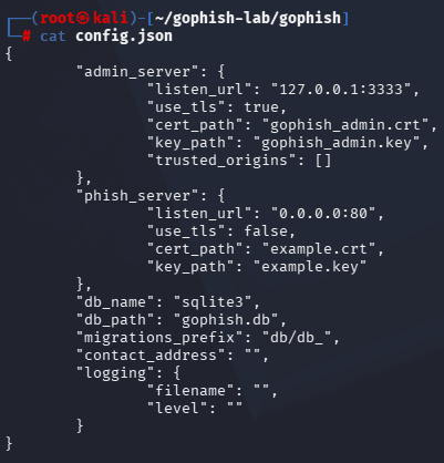 The default config.json file showing admin_server on 127.0.0.1:3333 with TLS enabled and phish_server on 0.0.0.0:80