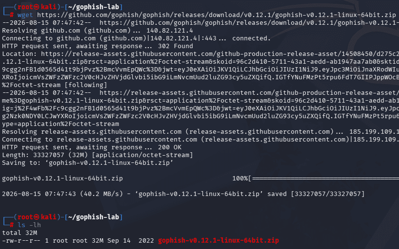 Terminal showing the wget command downloading the GoPhish v0.12.1 Linux 64-bit release archive from GitHub