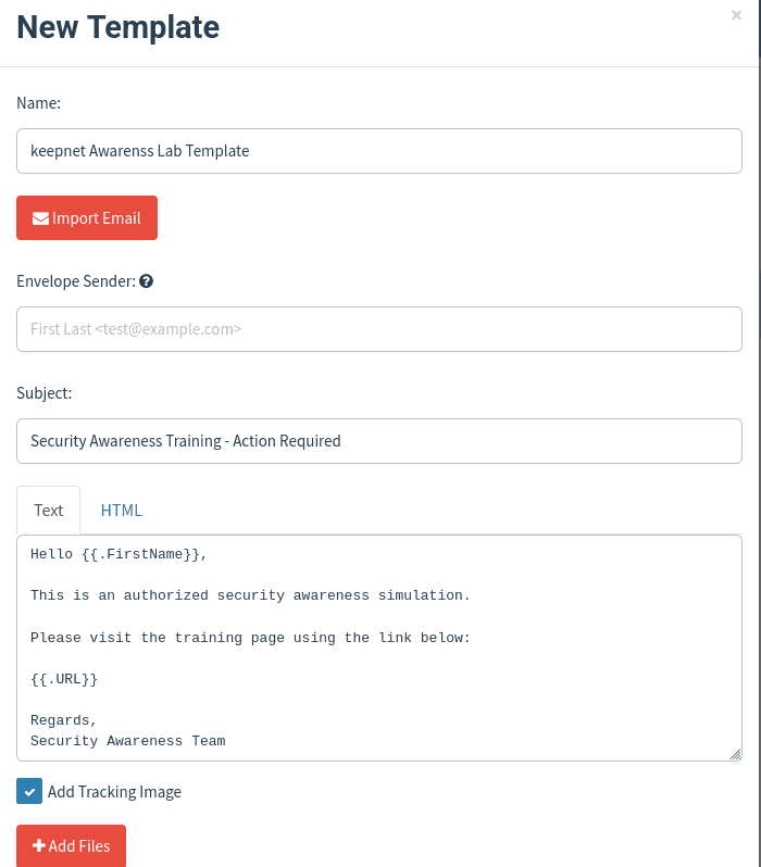 The GoPhish email template editor showing the subject line and message body of a security awareness email