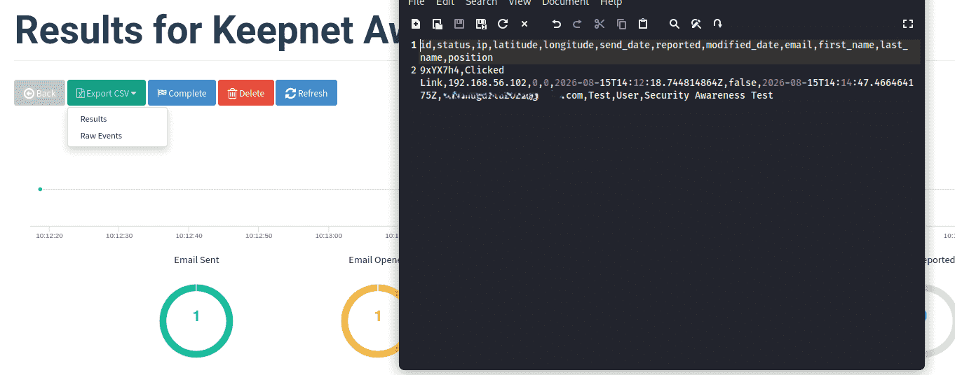 The GoPhish export menu with the option to download campaign results as a CSV file