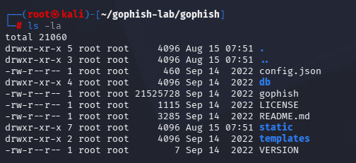 Directory listing showing the extracted GoPhish files including config.json, the gophish binary, db, static and templates folders