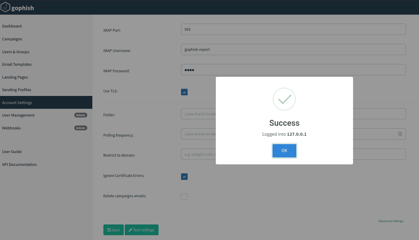 The GoPhish reporting settings page showing a successful IMAP connection test