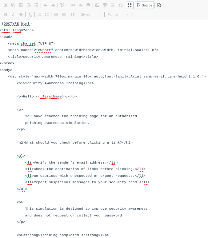 The GoPhish landing page editor showing the HTML source of an awareness landing page