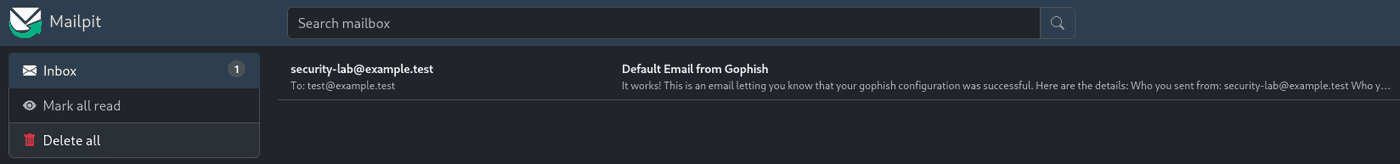 The Mailpit web inbox showing the GoPhish test email delivered successfully